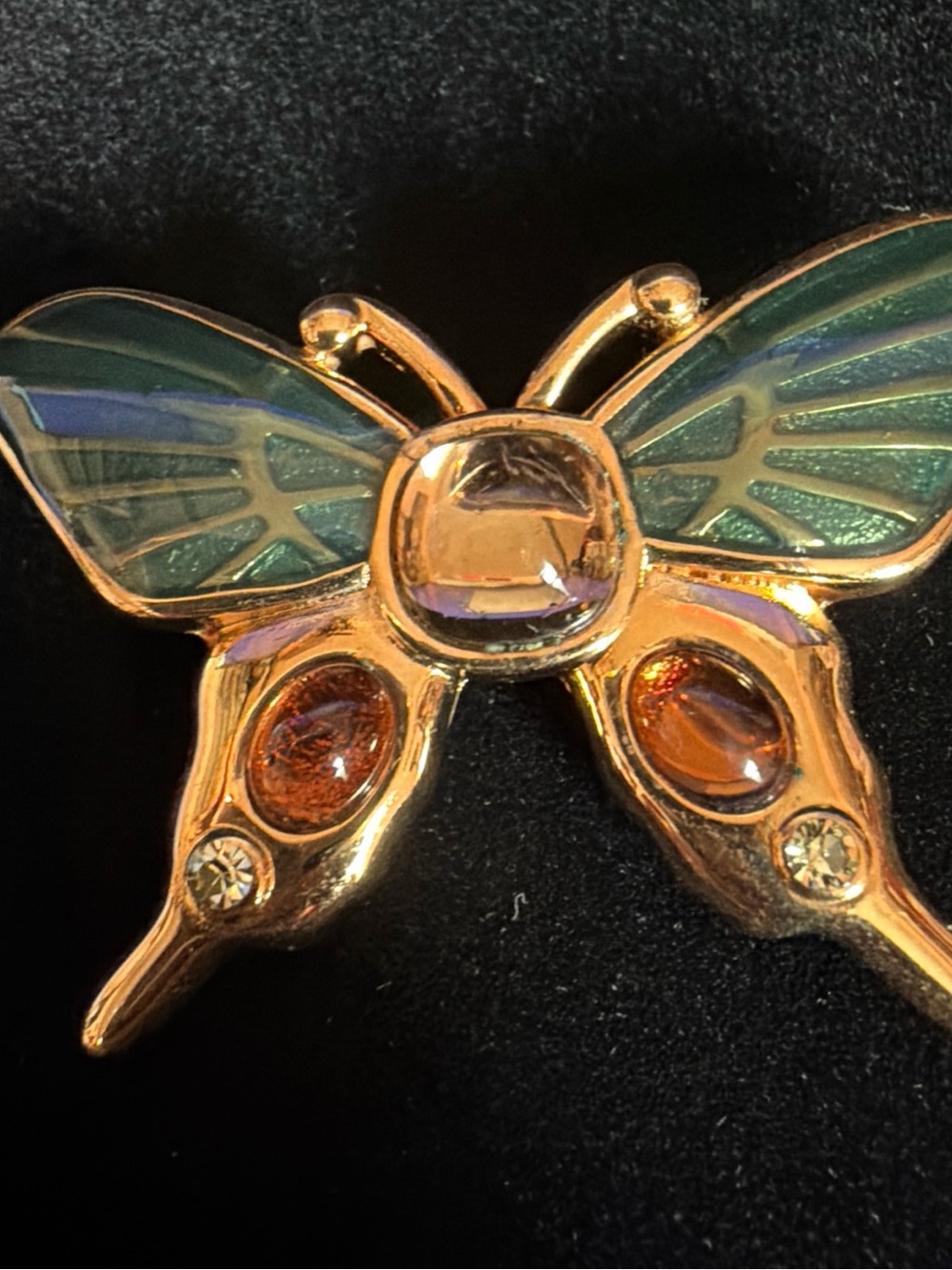Monet Gold-Tone Butterfly Brooch with Green Enamel and Amber Accents